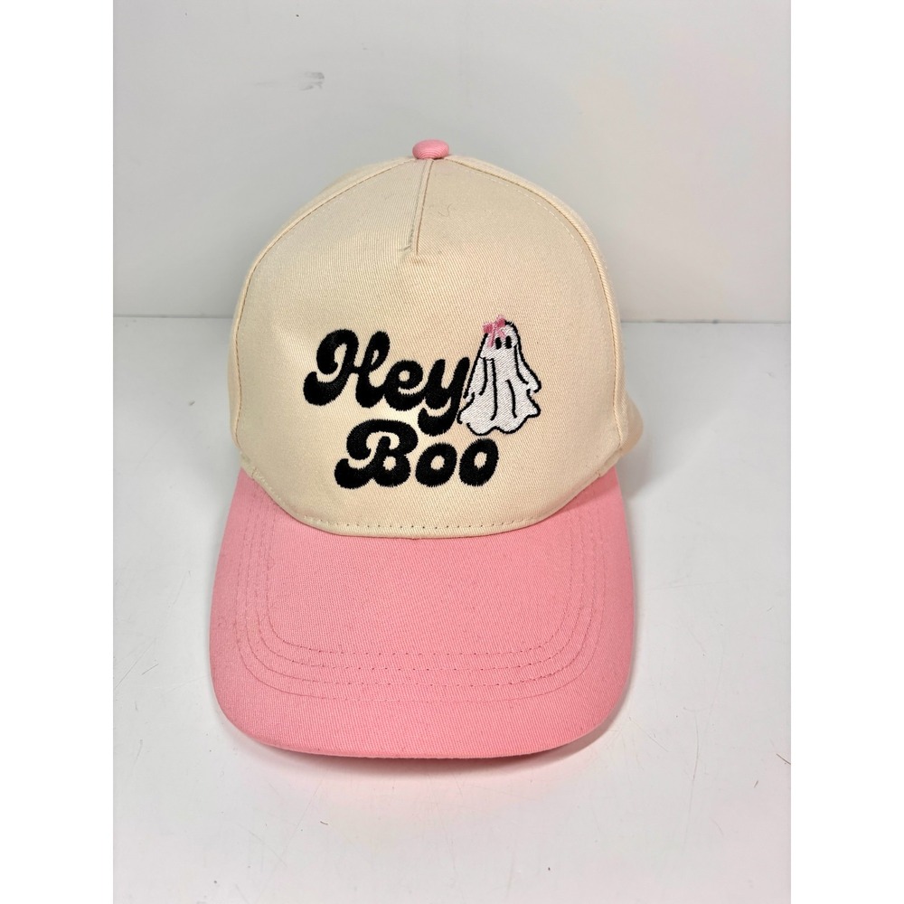 Hey Boo Ghost Halloween Bow Emb Trucker Hat Cap Pink Lily Embroidered Snap Back